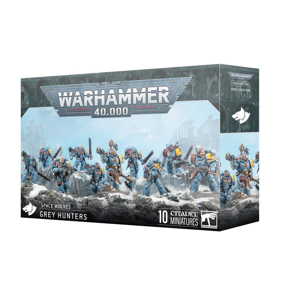 Warhammer 40,000 Space Wolves Grey Hunters miniatures box on a white background