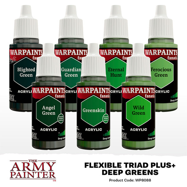 Set of Warpaints acrylic paint bottles by The Army Painter with green labels on a white background.