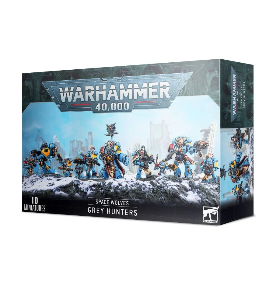 Box packaging for Warhammer 40,000 Space Wolves miniatures, displaying the miniatures in various poses on the front.
