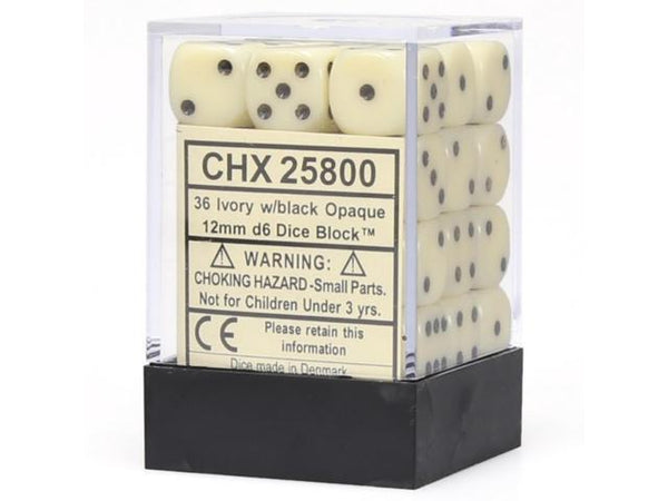 Opaque Ivory & Black 12mm D6 Dice 36 Ct