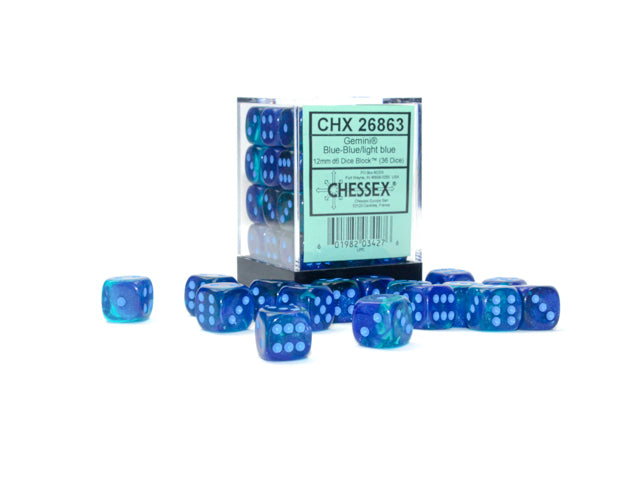 Chessex Gemini Blue-Blue/Light Blue 12MM D6 Dice Block