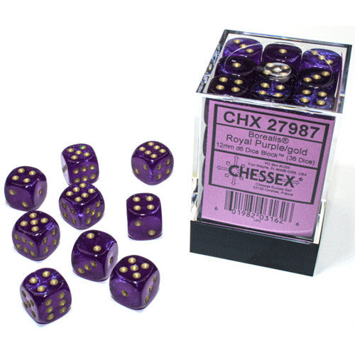 Borealis 12mm d6 Royal Purple/Gold Luminary Dice Block (36 dice)