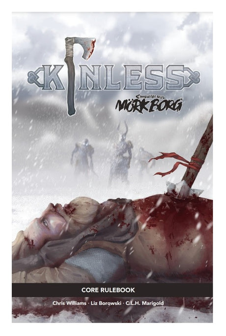 Cover of 'Kindless' core rulebook with a violent scene and axe illustration.