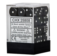 Opaque Black & White 12mm D6 Dice 36 Ct