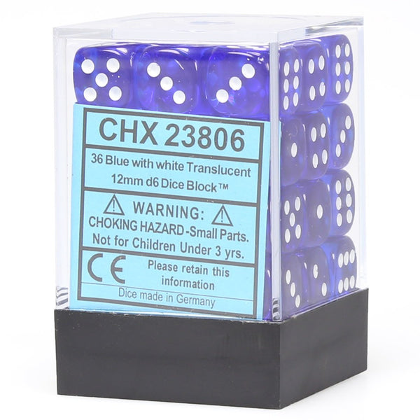 Translucent Blue & White 12mm d6 Dice Block (36 Dice)