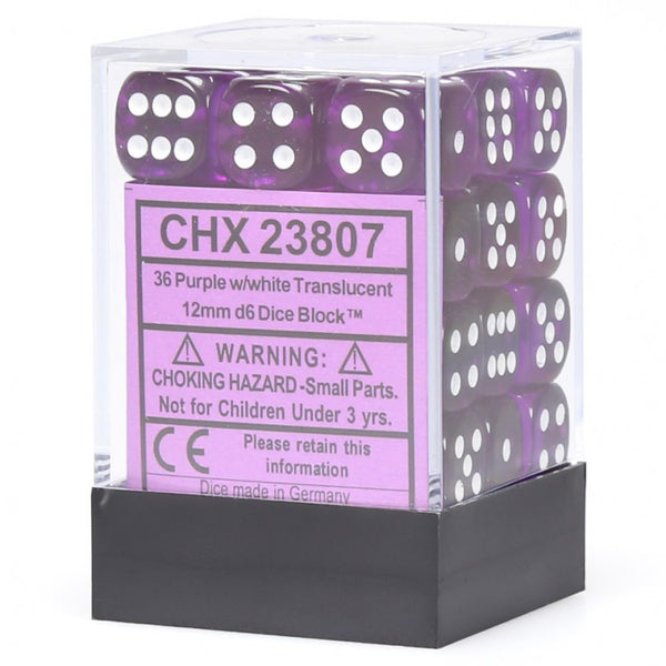 Translucent Purple/white 12mm d6 Dice Block (36 Dice)