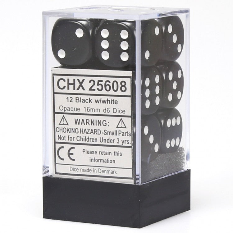 16mm d6 Opaque: Black/white Dice Set