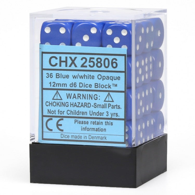Opaque Blue & White 12mm D6 Dice 36 Ct