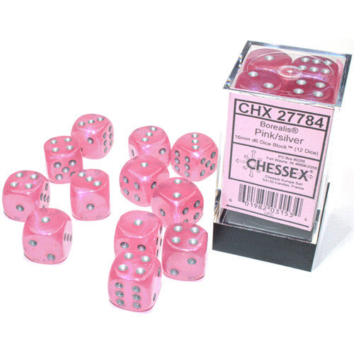 Borealis: 16mm d6 Pink/silver Luminary Dice Block (12 dice)