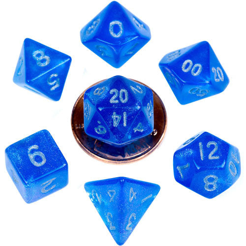 10mm Mini Polyhedral Dice set: Stardust Blue w/ Silver Numbers